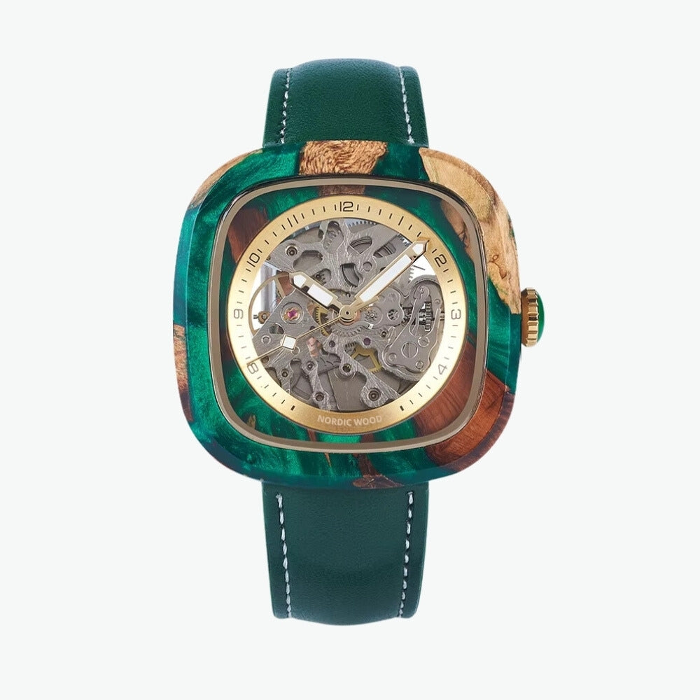 montre-bois-cuir-vert-automatique