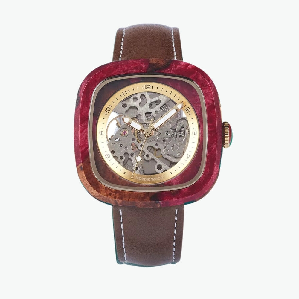 montre-carré-bois-rouge