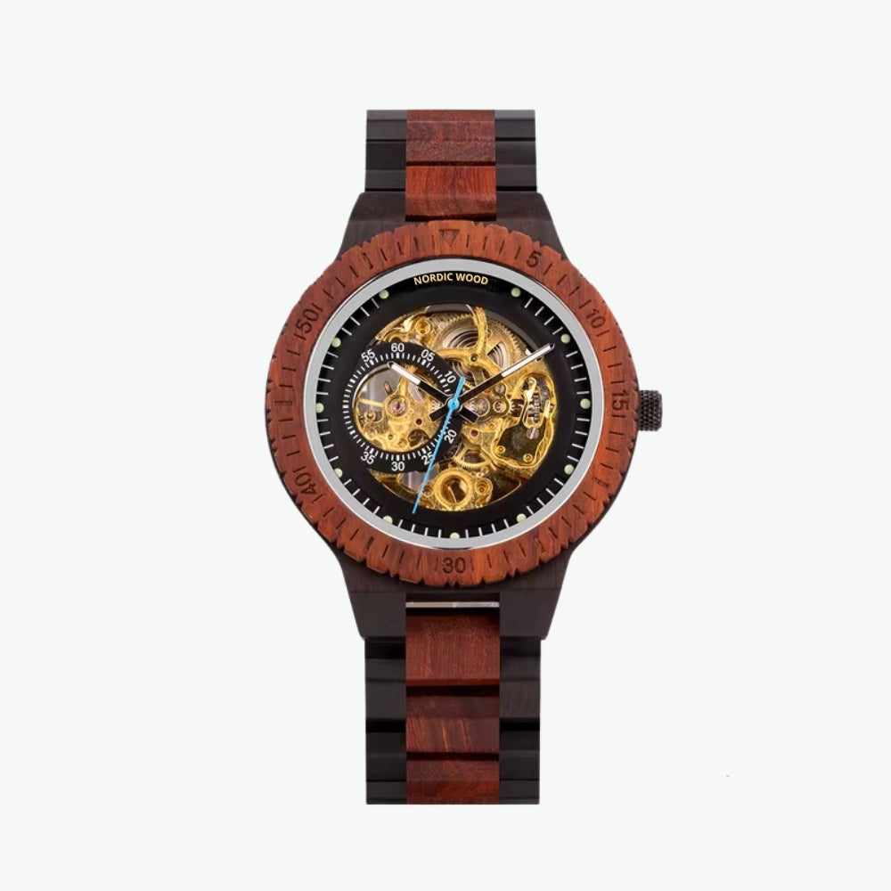 montre automatique en bois rouge